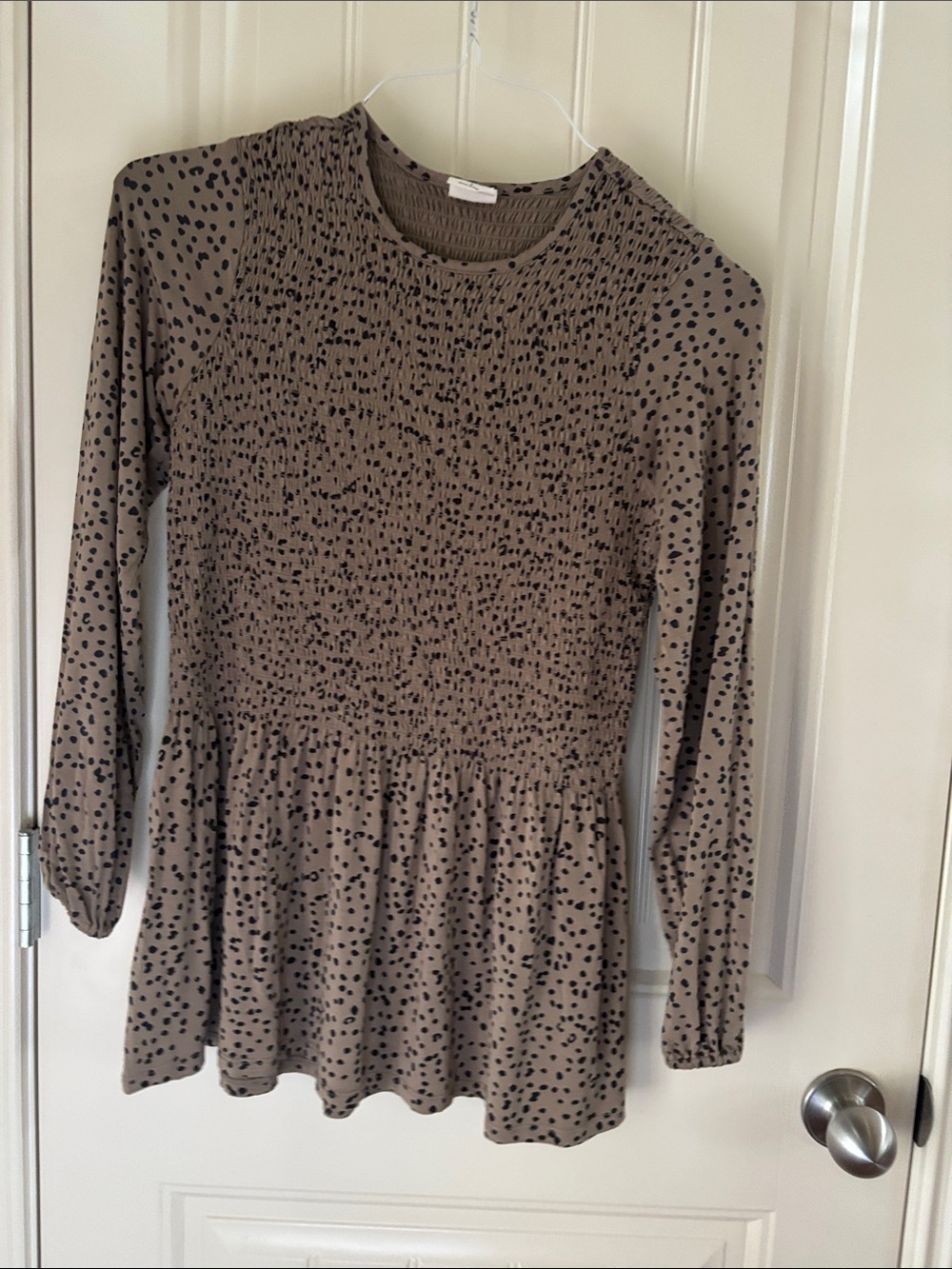 Good Hart Waffle Smocked Peplum Long-Sleeve Blouse - Taupe/Black